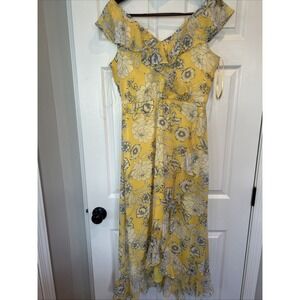 London Times Ruffled Faux Wrap Maxi Party Dress Fits Size 12 Yellow W/Flowers